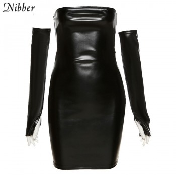 Leather With Gloves Party Dress Women's Backless Sexy Low Cut Clubwear Skinny